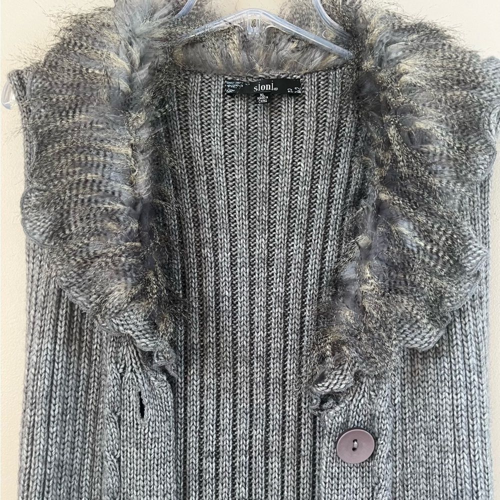 Sioni Y2K Faux Fur Cable Knit Longline Wool Blend Sweater Vest Cardigan SZ XL - Picture 6 of 16